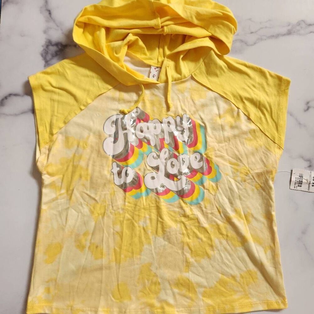 Bella Du Jour girls bright yellow and NWT hooded short sleeve shirt large